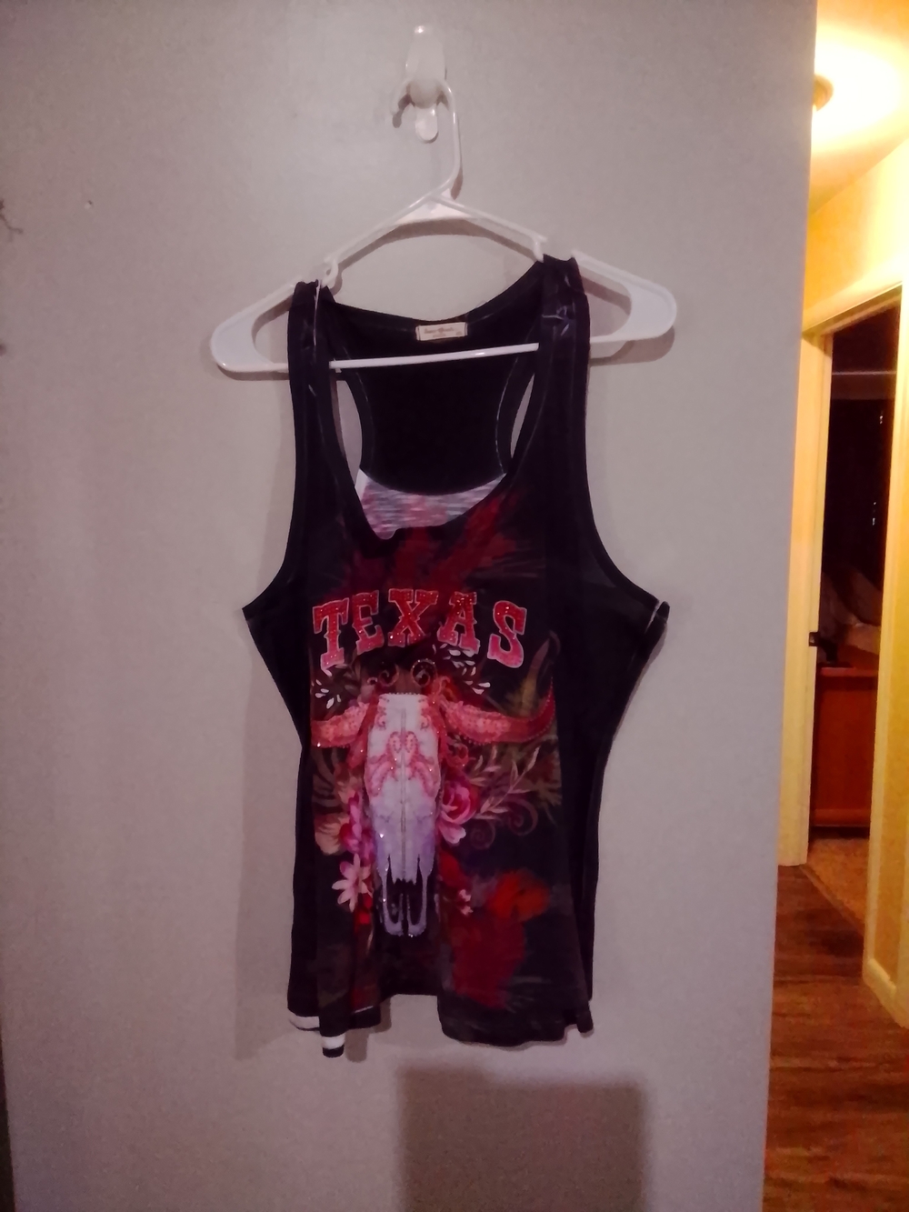 Black Texas Graphic Racerback Tank Top with Floral Skull Print